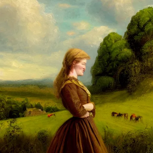 Prompt: Victorian British woman with blond hair in foreground staring off into pastoral green hillside in England done in the style of a painting, cinematic, 4k,