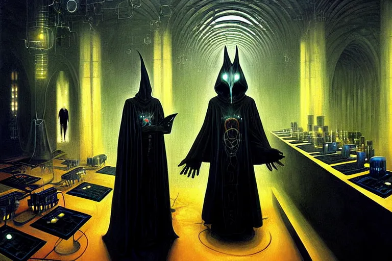 Image similar to a beautiful masterpiece painting of a technomancer wizard in black robes with pointed hood discussing sentience with his synthesized AI djinn in his laboratory filled with computers by Remedios Varo and Anato Finnstark and Greg Rutkowski
