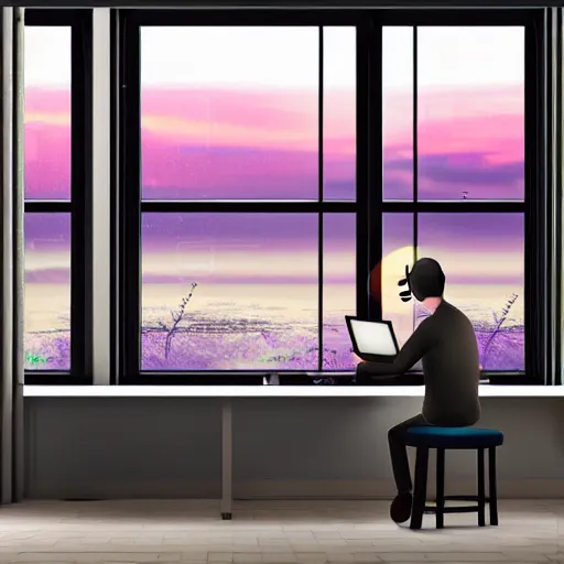 Prompt: friendly avatar computer programmer working late at night sunset outside window headphones terminal