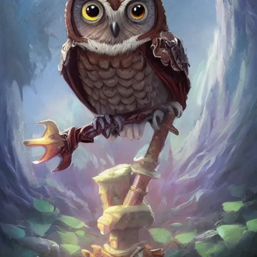 Image similar to cute little anthropomorphic Owl, wielding a magic staff, tiny, small, short, Wizard robe, cute and adorable, pretty, beautiful, DnD character art portrait, matte fantasy painting, DeviantArt Artstation, by Jason Felix by Steve Argyle by Tyler Jacobson by Peter Mohrbacher, cinema