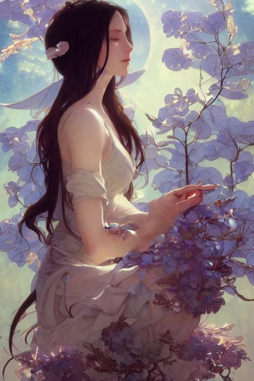 Image similar to perfect blue, dreamy and ethereal,, fantasy, intricate, elegant, highly detailed, digital painting, artstation, concept art, smooth, sharp focus, illustration, art by artgerm and greg rutkowski and alphonse mucha