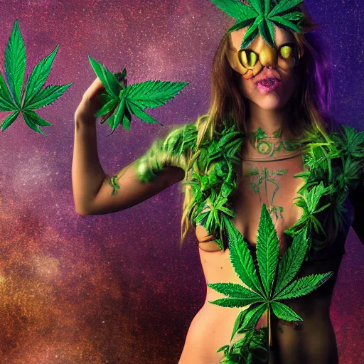 Image similar to personification of marijuana, award winning professional photography, epic high fantasy, high times, 8 k