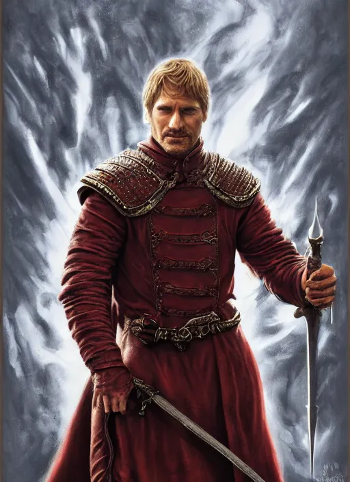 Image similar to jamie lannister by anne stokes and larry elmore, detailed matte painting, realistic portrait, symmetrical, highly detailed, digital painting, artstation, concept art, smooth, sharp focus, illustration, cinematic lighting, 8 k resolution