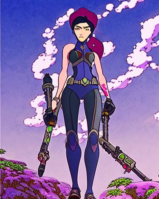Image similar to widowmaker from overwatch, in a scene from a studio ghibli movie, intricate details, highly detailed, in the style of studio ghibli