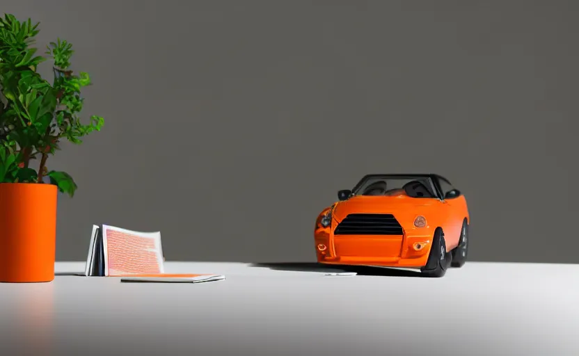 Image similar to a small miniature of a orange Toyota TE27 on a white table near a book and a vase with a plant, hyperrealistic, concept art, octane render, unreal engine 5, path tracing, complementary colors, calm, relaxing, serene, product photo, centered, symmetrical