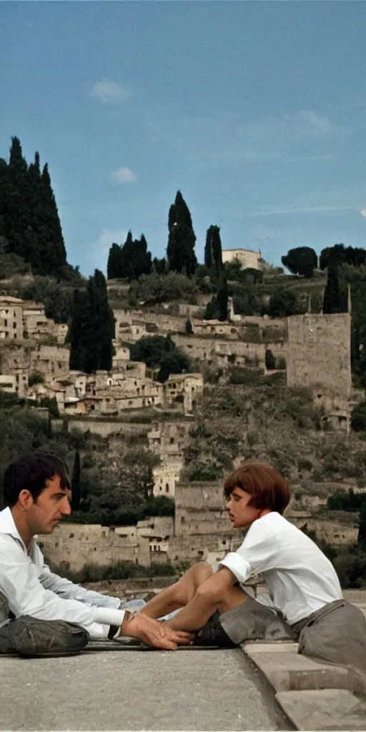 Prompt: a scene of a la giornata ( 1 9 6 6 ) a movie of antonioni starring mastroianni!!!! in the style of the ( ( ( scrovegni by giotto ) ) ). incredibly blue sky with stars. dark lue sky everywhere. technicolor, grandiose, cinematic, 5 0 mm, highly detailed, romantic