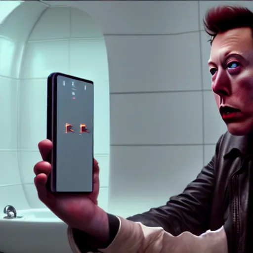 Image similar to hyperrealism aesthetic ridley scott and denis villeneuve style photography of a detailed hyperrealism elon musk, siting on a detailed hyperrealism toilet and scrolling his detailed smartphone in hyperrealism scene from detailed art house movie in style of alejandro jodorowsky and wes anderson volumetric ambient light