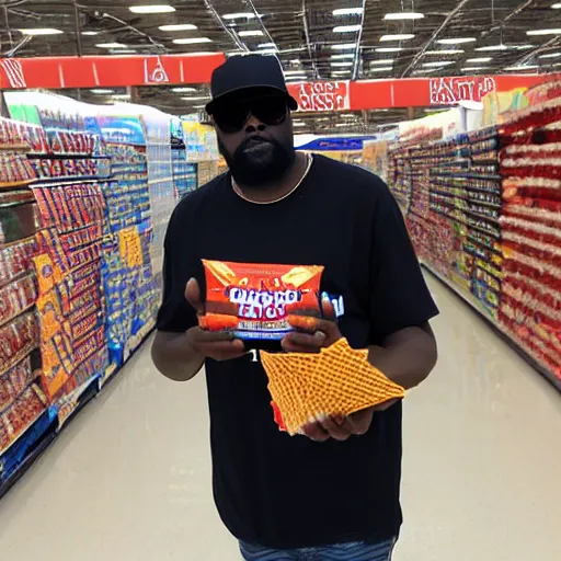 Prompt: MF DOOM at walmart holding a bag of doritos