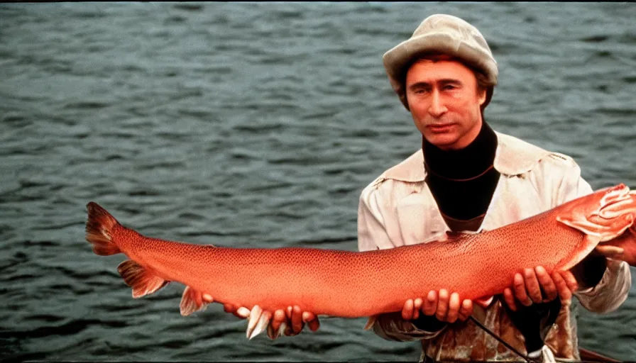 Prompt: 7 0 s movie still of putin in fetish outfit, proudly holding a salmon on a fishing trip in siberia. cinestill 8 0 0 t _ 3 5 mm eastmancolor, heavy grain, high quality, high detail