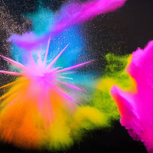 Prompt: a centered explosion of colorful powder on a black background