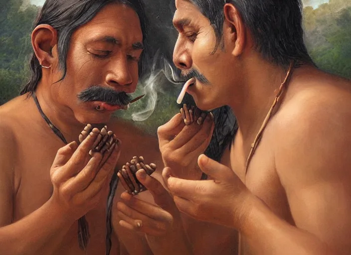 Prompt: a beautiful painting of an indigenous man blowing tobacco snuff into the nose of another man , fantasy art, matte painting, highly detailed