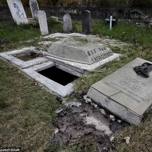 Prompt: The installation art shows a grave that has been flooded with water. The grave is located in a cemetery in Italy. The water in the grave is dirty and there is trash floating in it. The grave is surrounded by a fence. by Nikolai Ge, by Joe Quesada rigorous