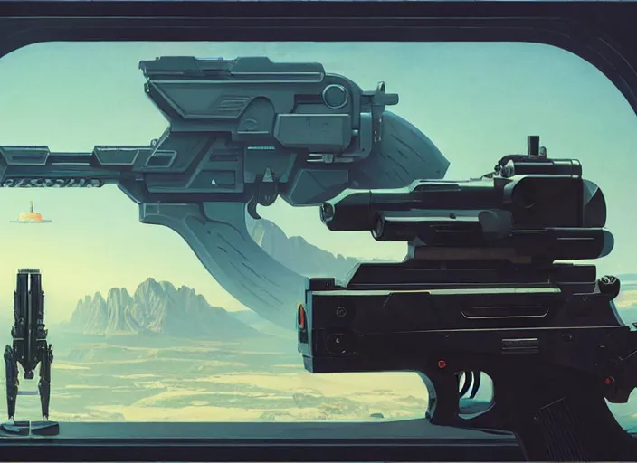 Image similar to futuristic gun on while background, hyperrealism, no blur, 4 k resolution, ultra detailed, style of style of robert mccall, syd mead, tyler edlin, wes anderson, greg rutkowski