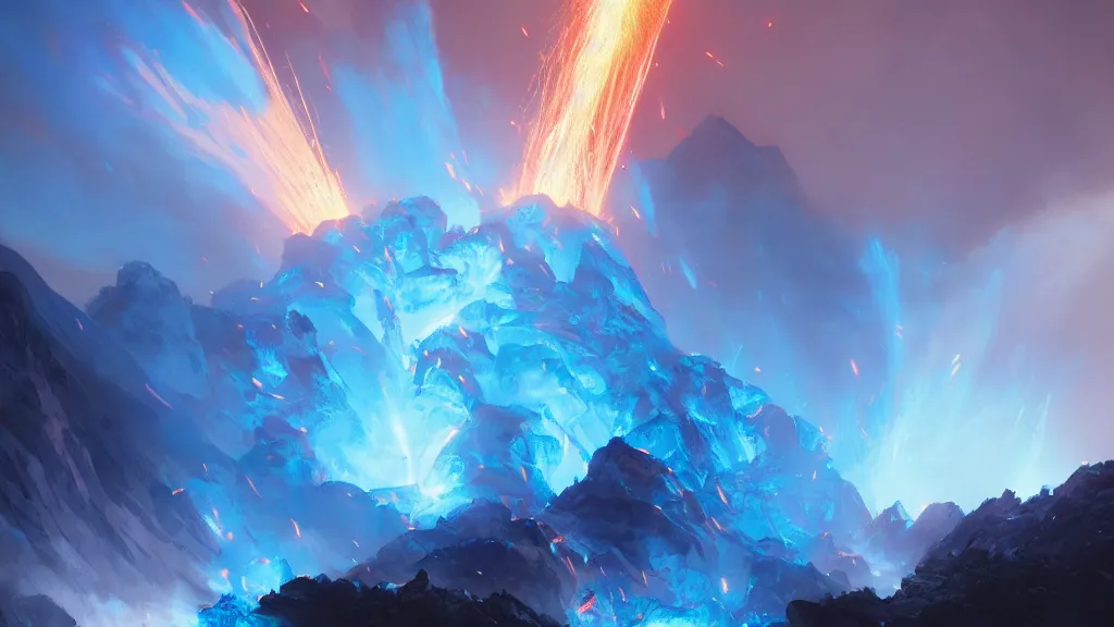 Image similar to volcano erupting blue flames, glowing! blue plumes, by greg rutkowski, sylvain sarrailh, rossdraws, ambient light, ultra detailed, fantasy artwork, 8 k, volumetric lighting, trending on artstation, award winning, beautiful scenery, very very very very very very very beautiful.