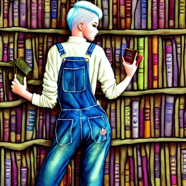 Image similar to full body pose, beautiful adult book fairy, pixar, short white hair shaved sides, dirty, grungy, grunge, long sleeve, painted overalls, stacks of giant books, highly detailed, 4 k, hdr, smooth, sharp focus, high resolution, award - winning photo, artgerm, photorealistic