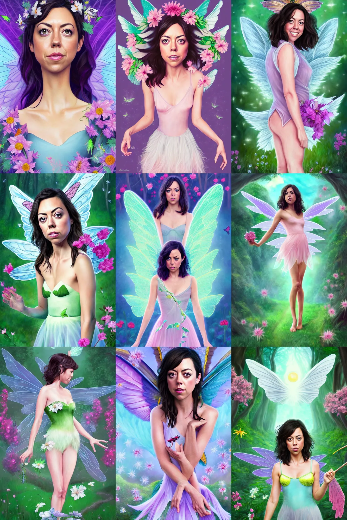Prompt: aubrey plaza as a fairy with wings, digital art, inspired by artgerm and tinkerbell, border of flowers, flowers in hair, angelic, standing in the forest