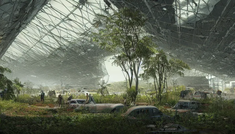 Prompt: Dusty abandoned airport covered by vegetation with tourists taking pictures, hyperdetailed, artstation, cgsociety, 8k