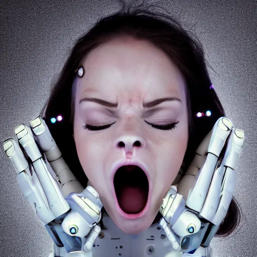 Prompt: beautiful centered Fine art photo portrait of screaming Allison Parker, squeezing her eyes shut, as a solarpunk robotic humanoid, white mechanical parts with led lights, photorealistic, white background, highly detailed and intricate, sunset lighting, HDR 8k