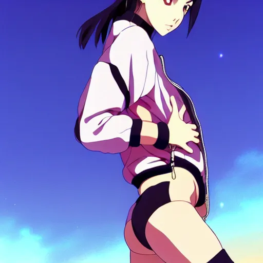 Image similar to a beautiful natalie portman as an anime boy gravure model, wearing oversized mayan bomber jacket and leotard with overalls, bulky poofy bomber jacket with mayan patterns, aztec street fashion, gapmoe yandere grimdark, trending on pixiv fanbox, painted by greg rutkowski makoto shinkai takashi takeuchi studio ghibli, akihiko yoshida