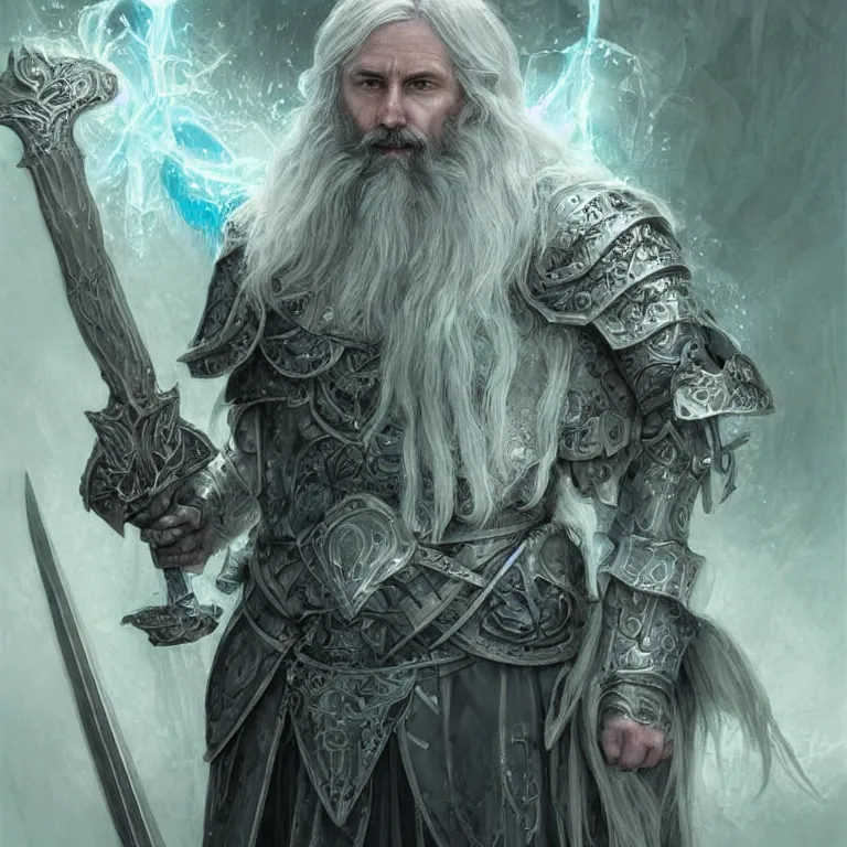 Image similar to Portrait of an Aasimar Paladin-Druid with glowing blue eyes, pale grey skin, silver full beard, and silver hair. He has a sword and wears green armor covered in moss. Epic fantasy art, award winning on Artstation, intricate, highly detailed, dramatic lighting, illustration, concept art, art by artgerm and greg rutkowski and alphonse mucha and ross tran, D&D, Dungeons and Dragons, Magic the Gathering.