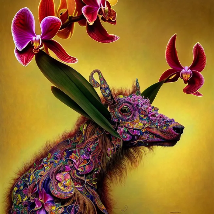 Prompt: psychedelic animal made of orchid, diffuse lighting, fantasy, intricate, elegant, highly detailed, lifelike, photorealistic, digital painting, artstation, illustration, concept art, smooth, sharp focus, art by John Collier and Albert Aublet and Krenz Cushart and Artem Demura and Alphonse Mucha