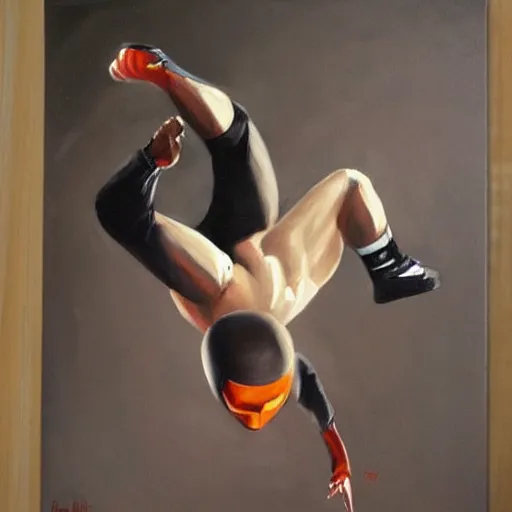 Prompt: agent 4 7 dropkicks man off top of wrestling cell, realist painting