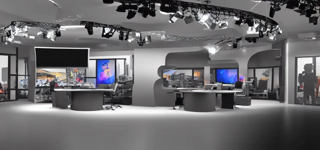 Image similar to super detailed v-ray render, news studio set, wide shot highly reflective light