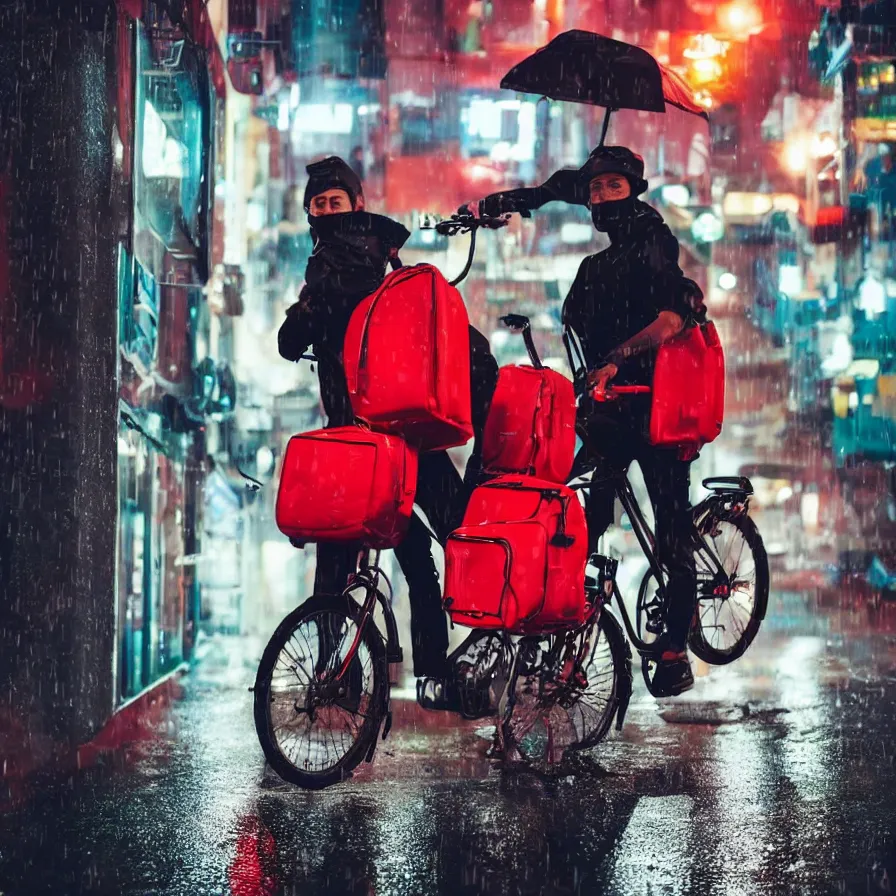 Prompt: food delivery driver with red backpack and futuristic rocket bike working in a rainy night in a cyberpunk city