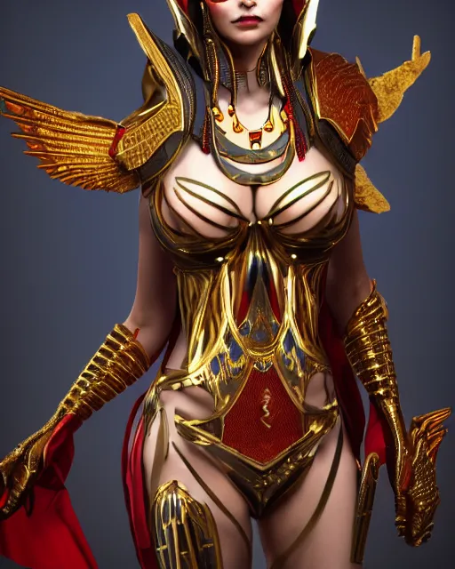 Image similar to sultry egyptian priestess wearing red dove wings, warframe armor, regal, attractive, ornate, sultry, elize theron, pretty face, blue eyes, scifi platform, 4 k, ultra realistic, epic lighting, illuminated, cinematic, black gold, art by akihito tsukushi, voidstar