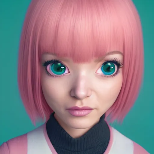 Image similar to A portrait of Nikki from Shining Nikki and Love, a cute 3d cgi toon young woman with long light pink hair, full bangs, hazel eyes, full face, light makeup, pale skin, Chinese heritage, cute outfit, medium shot, mid-shot, hyperdetailed, 8k, trending on artstation, as a Pixar character