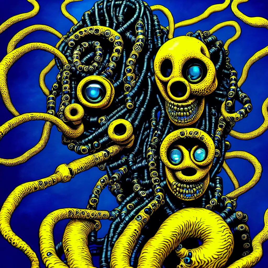 Image similar to a self portrait by the artist kelbv, in distinct hyper detailed style with tubes coming from eyes, and hollowed skull filled with blue and yellow accountancy ellipsoids, perfect studio lighting against a backdrop of a still from the movie fire tentacle.