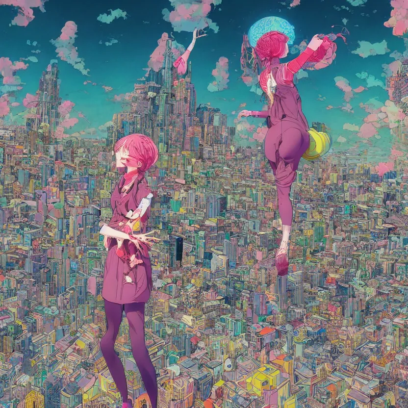 Image similar to a very detailed art of a goddess above a city by inio asano, beeple and james jean, hiroyuki takahashi color scheme, digital art, 4 k, trending on artstation