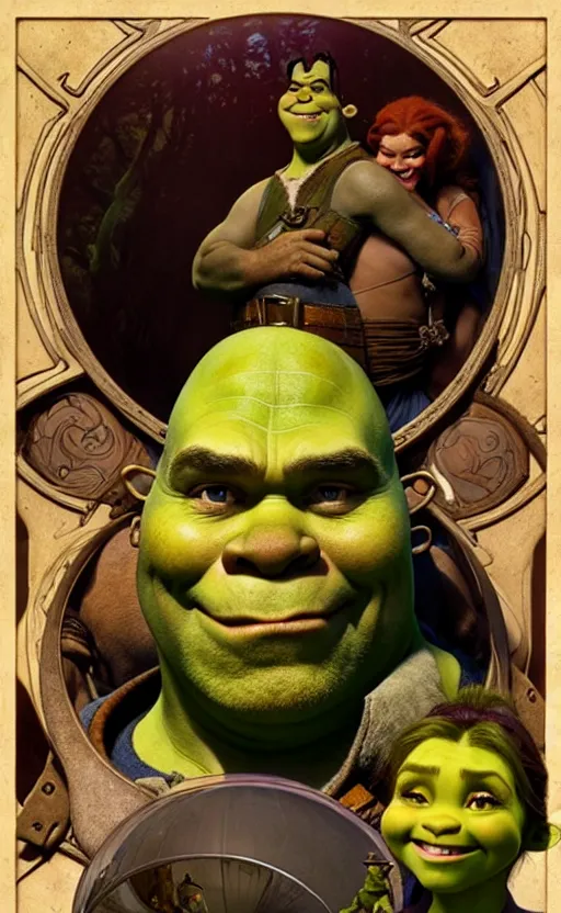 Image similar to shrek, gorgeous lighting by weta studio, mucha, bautista and norman rockwell and greg rutkowski and tom bagshaw and james gurney and lucasfilm