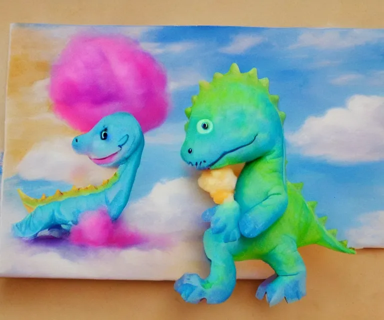 Image similar to a cute little dinosaur, water painting, cotton candy, fluffy clouds