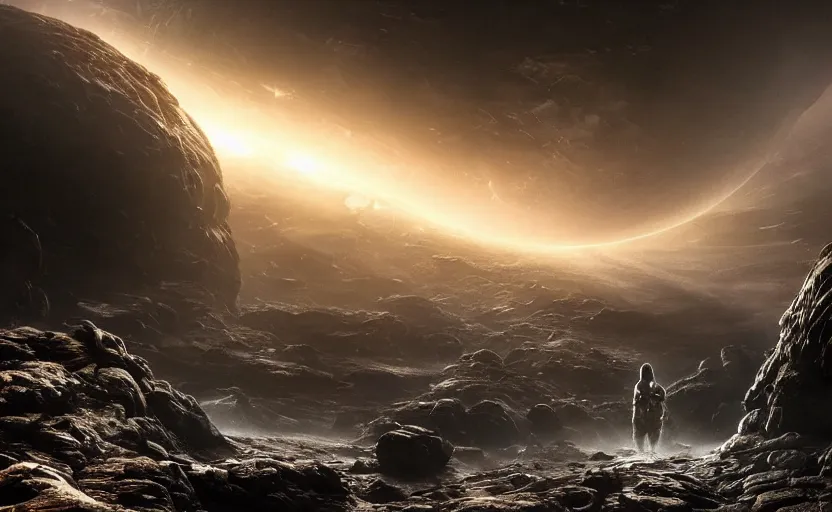 Image similar to an extraterrestrial spaceship exiting the end of the worm hole with planet earth in sight, in the style of prometheus, epic scene, extremely detailed masterpiece, extremely moody lighting, glowing light and shadow, atmospheric, shadowy, cinematic, god lighting