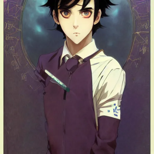 Image similar to small boy with black hair and blue purple eye, school uniform, anime style, hyper detailed, illustration, digital painting, art by artgerm and greg rutkowski and alphonse mucha, high delicate defined details, anime stylized, highly detailed, realistic, sharp focus, symmetrical face