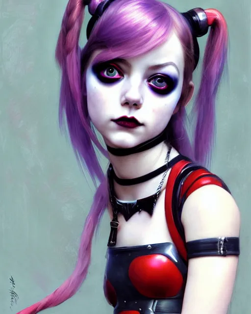 Image similar to portrait of beautiful cute young goth maiden anime harley quinn girl looks like emma stone in warhammer mechanical armor, high details, art by ( ( ( kuvshinov ilya ) ) ) and wayne barlowe and gustav klimt and artgerm and wlop and william - adolphe bouguereau