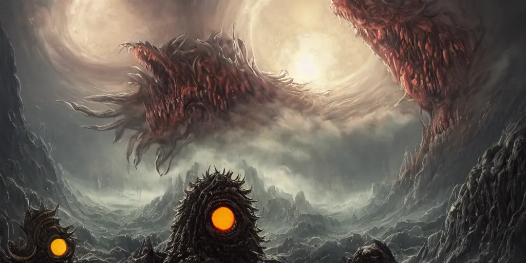 Prompt: concept art of giant kaiju, lovecraftian, cyclops, lots of teeth, melting horror, round moon, rich clouds, fighting the horrors of the unknown, mirrors, very detailed, volumetric light, mist, grim, fine art, decaying, textured oil over canvas, epic fantasy art, very colorful, ornate, anato finnstark