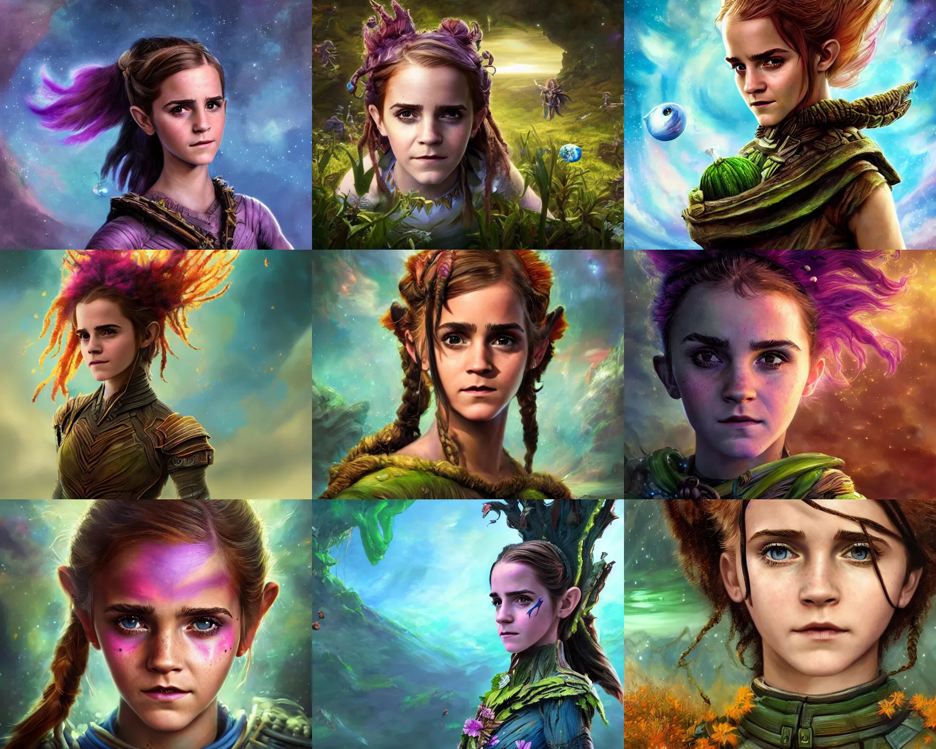 Prompt: an epic fantasy comic book style portrait painting of an extremely cute and adorable very beautiful nebulapunk emma watson as a halfling na'vi from avatar, character design by mark ryden and pixar and hayao miyazaki, unreal 5, daz, hyperrealistic, octane render, cosplay, rpg portrait, dynamic lighting, intricate detail, harvest fall vibrancy, cinematic