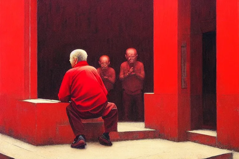 Image similar to only with red, a red old man try to sell a portrait, crowd cheering, in a city square, in the style of beksinski, parts by edward hopper, parts by rodcenko, parts by yue minjun, intricate and epic composition, red by caravaggio, insanely quality, highly detailed, masterpiece, red light, artstation, 4 k