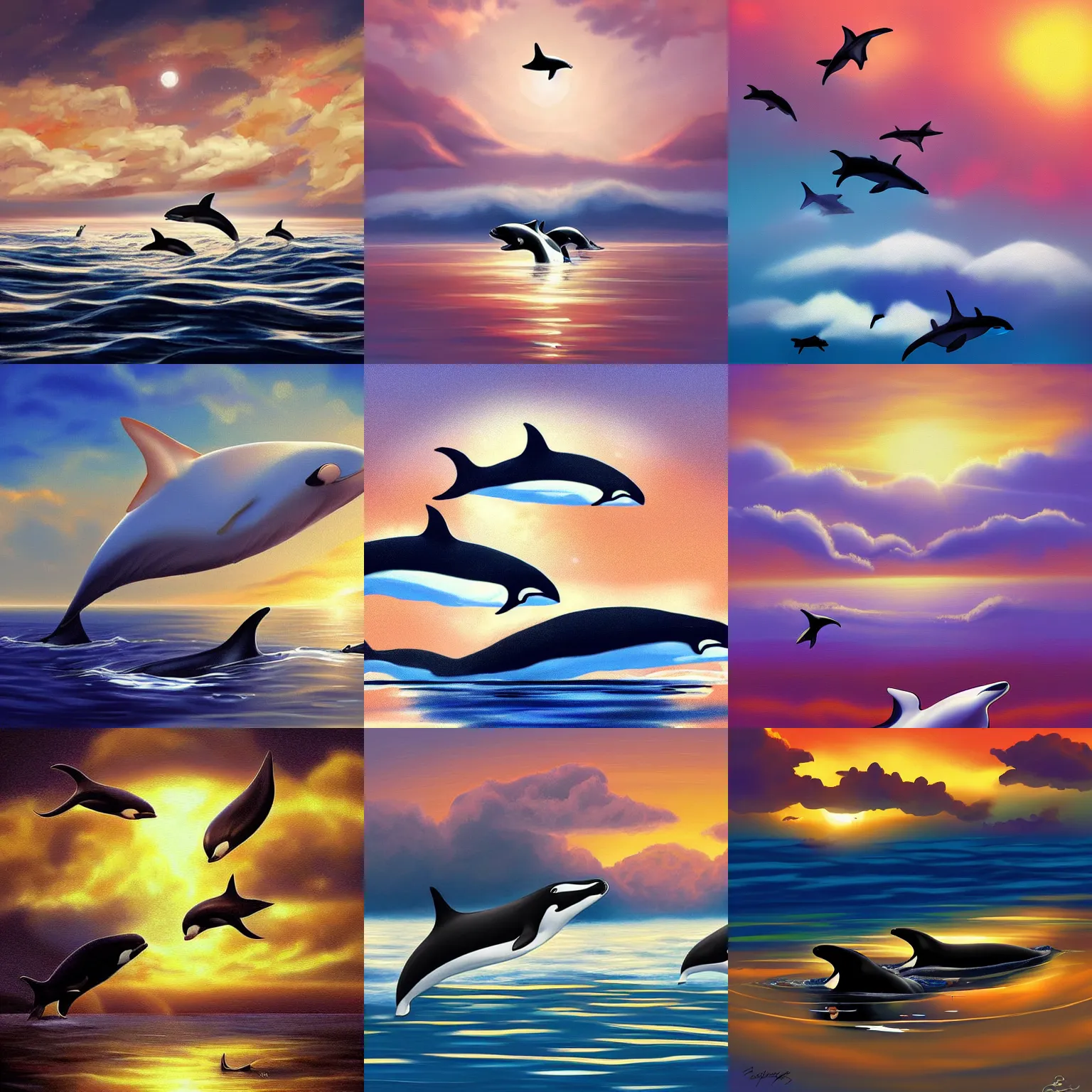 Prompt: digital art painting of orcas swimming in the clouds, trending on artstation, beautiful, golden hour
