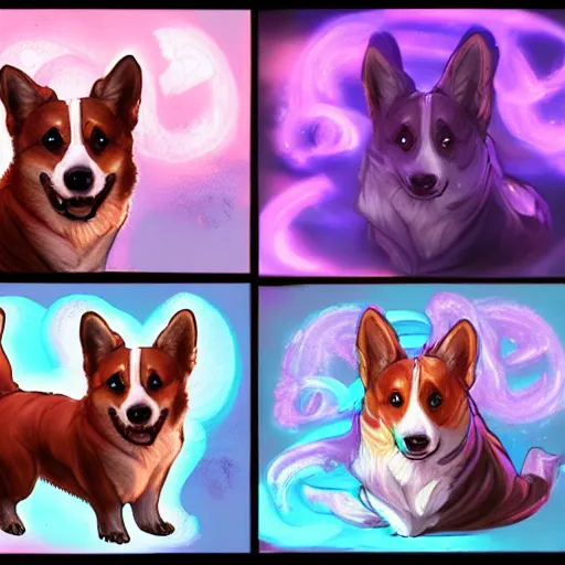 Prompt: corgi thaumaturgist, d & d character art, intricate, glowing aura, arcane, magical, fantasy, trending on artstation, 8 k