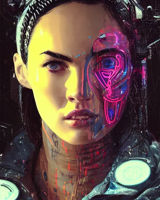 Prompt: detailed portrait megan fox cyborg operator girl cyberpunk futuristic neon reflective puffy coat, decorated with traditional japanese ornaments by ismail inceoglu dragan bibin hans thoma greg rutkowski alexandros pyromallis nekro rene margitte illustrated perfect face, fine details, realistic shaded, fine - face, pretty face