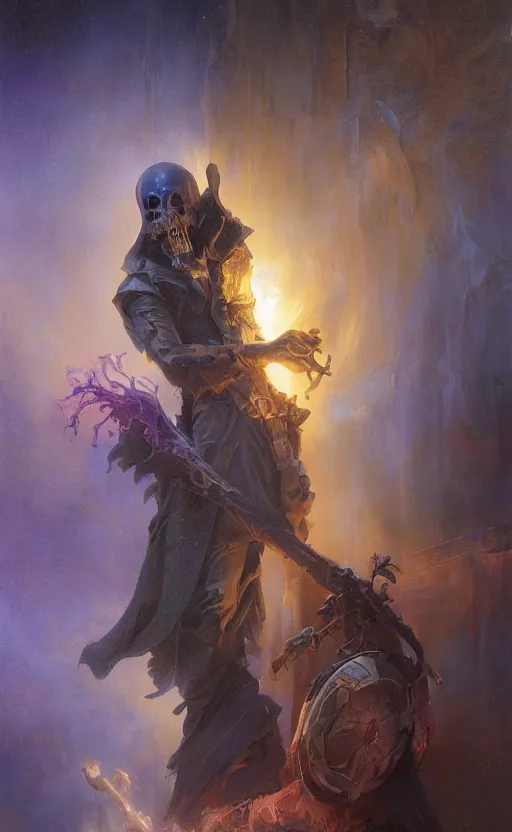 Prompt: the grime reaper holds the sands of time in his hand by adrian smith and delphin enjolras and daniel f. gerhartz