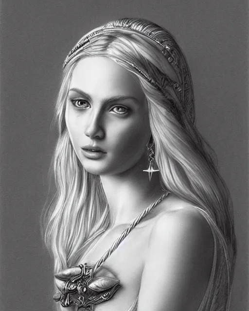 Image similar to pencil drawing of a beautiful greek goddess aphrodite with arrowhead earrings, beautiful piercing eyes, beautiful blonde hair, hyper realistic face, in the style of greg rutkowski, fantasy, amazing detail, epic, elegant, smooth, sharp focus, from the front