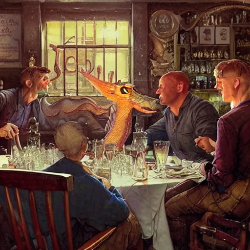 Prompt: dragwads, british dragons, ultraterrestrial dragons, drinking tea and gin at at the local tavern, subsurface scattering, soft colors, don't look out the front door no matter what you do, drawn by norman rockwell, thomas kinkade, greg rutkowski, artgerm,