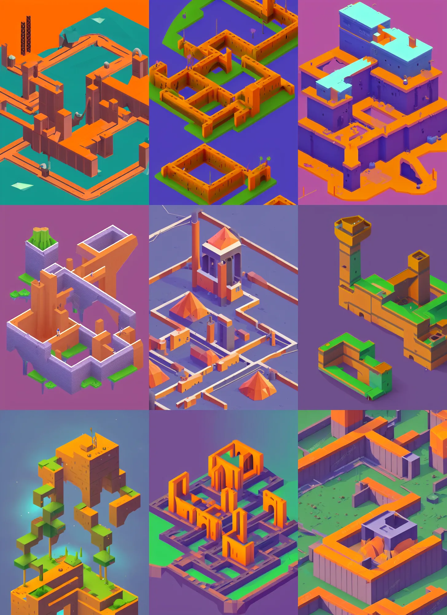 Prompt: an low poly isometric abandoned overgrown factory in the style of monument valley, orange and purple color scheme