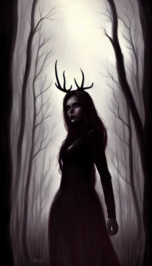 Image similar to a silhouette portrait of a girl with antlers in a forest at night, dark, gothic, fantasy, portrait, figurativism, muted colors, digital painting in the style of bastien lecouffe - deharme, trending on artstation, detailed