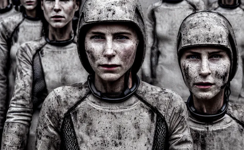 Image similar to cinestill 5 0 d photographic portrait by helen levitt of a group of android women wearing rugged black mesh techwear in a cement maze, extreme closeup, modern cyberpunk, minimalism, dust storm, 8 k, hd, high resolution, 3 5 mm, f / 3 2, ultra realistic faces, intricate detail, ex machina