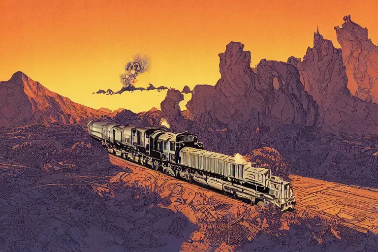 Image similar to old western freight train illustration by joe fenton and syd mead and p. craig russell and barry windsor - smith, artstation, 4 k, graphic novel, concept art, matte painting, steam engine spewing billowy white clouds of steam, beautiful idyllic mountain desert sunset background, golden hour, art nouveau